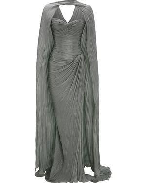 Marmar Halim Pleated Silk Capelet Gown - Grey