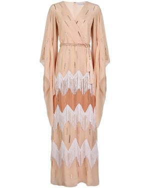 Ola by Ohaila Khan Fringe-Trimmed Embroidered Crepe Maxi Wrap Dress - Pink