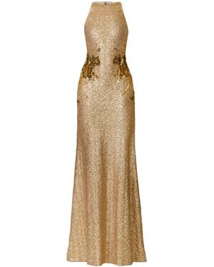 Naeem Khan Halter Stretch Sequin Gown With Hand-Beaded Applique - Natural