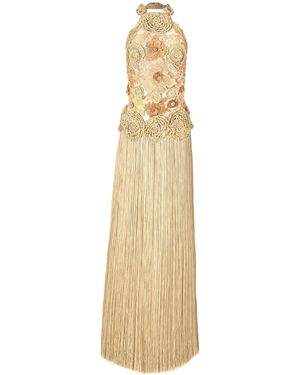 Andrea Almeida Lou Floral Embellished Fringe Gown - Natural