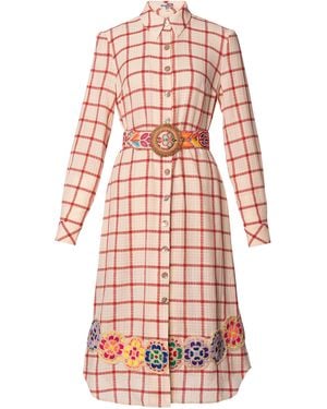 Lena Hoschek Molly Cotton Embroidered Plaid Midi Shirt Dress - White