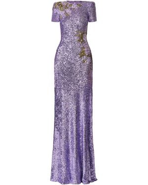 Naeem Khan Short Sleeve Applique Sequined Gown - Purple