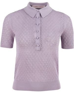 Carolina Herrera Collared Pointelle Stitch Knit Polo - Purple