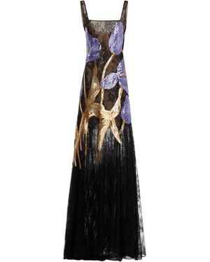 Costarellos Felice Glittered Chantilly Lace Gown - Black