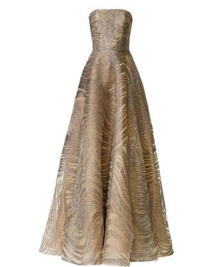 Naeem Khan Strapless Bustier Sequin Metallic Cording Gown - Natural