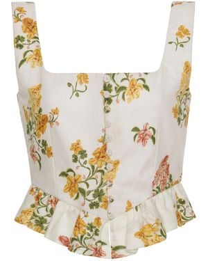 Agua Bendita Eslabon Ruffled Floral Linen Cropped Top - White