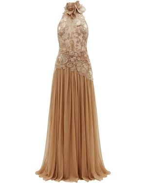 Elie Saab Raffia-Embroidered Silk Maxi Dress - Natural