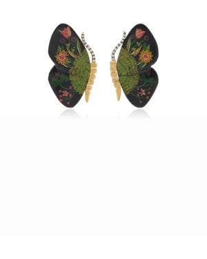 Silvia Furmanovich Marquetry Wood 18k Yellow Gold Diamond Butterfly Earrings - Brown