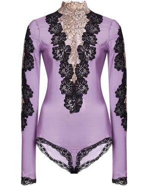Valentino Garavani Lace-Trimmed Jersey Bodysuit - Purple