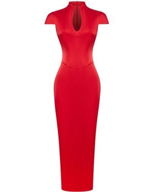 Rasario Side-Slit Satin Midi Dress - Red