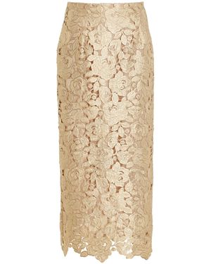 Oscar de la Renta Foiled Guipure Lace Midi Skirt - Natural