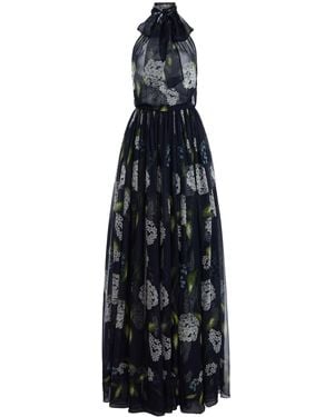 Oscar de la Renta Porcelain Flowers Silk Chiffon Halter Gown - Blue