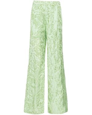 La Fuori Mistleaf Ruffled Printed Satin Wide-Leg Trousers - Green