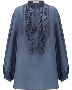 Into The East Beaded Embroidered Ruffle Edge Top - Blue
