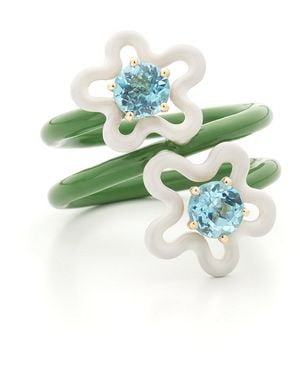 Bea Bongiasca 9Kt Double Flower Ring With Hand-Painted And Enamel - Green