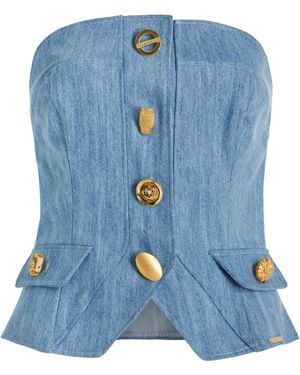 Franchise Exclusive Bijou Buttoned Denim Strapless Vest - Blue