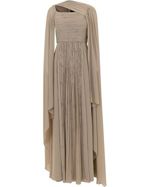 Aquillora Zenith Pleated Embellished Chiffon Caftan Dress - Natural