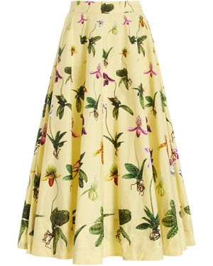 Oscar de la Renta Printed Cotton Poplin Midi Skirt - Yellow