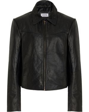 Worn Vintage Boxy Leather Jacket - Black