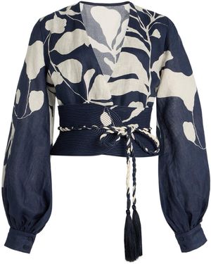 ANDRES OTALORA La Postale Belted Botanical Linen Balloon-sleeve Top - Black