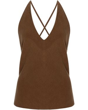 Anemos Plunging Bias-Cut Linen-Blend Top - Brown