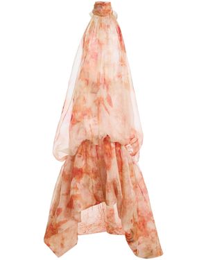 Atelier Prabal Gurung Floral Print Silk Organza Open-Back Cocoon Halter Dress - Pink
