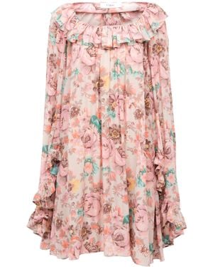 Chloé Bouquet-Printed Organic Silk Crepe De Chine Mini Cape Dress - Pink