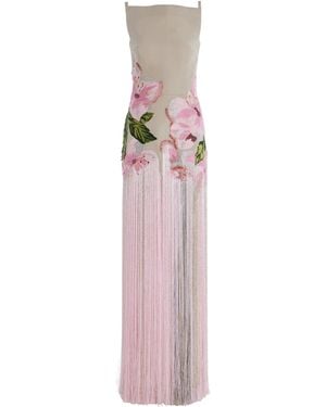Oscar de la Renta Fringed Embroidered Faille Gown - Pink