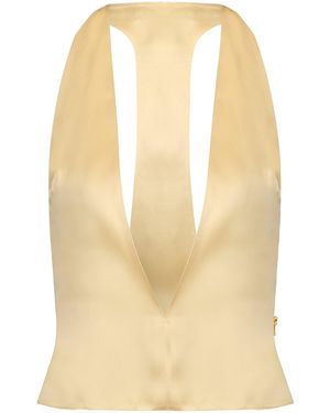 The New Arrivals Ilkyaz Ozel Plunging Silk Top - Natural