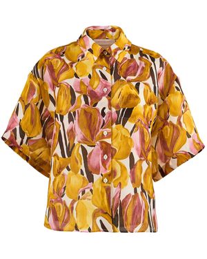 Carolina Herrera Collared Iris Print Silk Gazar Shirt - Orange