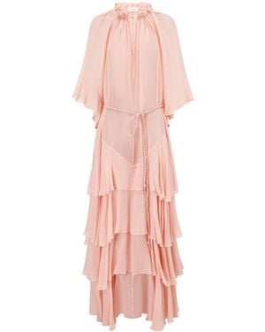 Into The East Ruffle Silk Maxi Dress - Pink