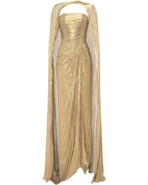 Marmar Halim Cape-Detailed Pleated Lamé Gown - Natural