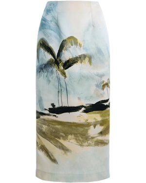 Oscar de la Renta Printed Satin Midi Pencil Skirt - Blue