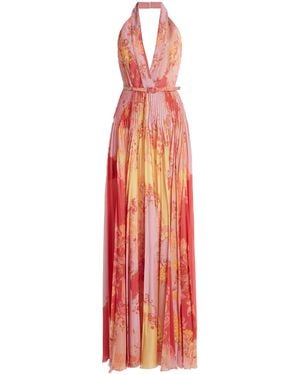 Zuhair Murad Belted Floral Plisse Maxi Dress - Red