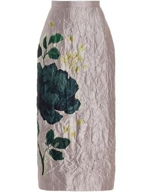 Erdem Floral Crinkled Satin Midi Skirt - Grey