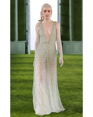 Georges Hobeika Plunged Embellished Chiffon Maxi Dress - Green