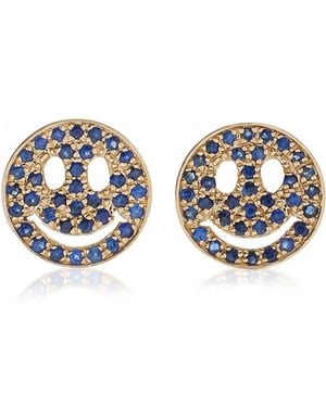 Sydney Evan Happy Face 14k Yellow Gold Sapphire Earrings - Blue
