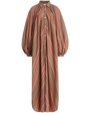 Marrakshi Life The Touareg Balloon-Sleeve Striped Cotton Dress - Brown