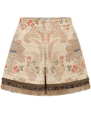 Into The East Scroll Fringe Hem Silk-Linen Shorts - Natural
