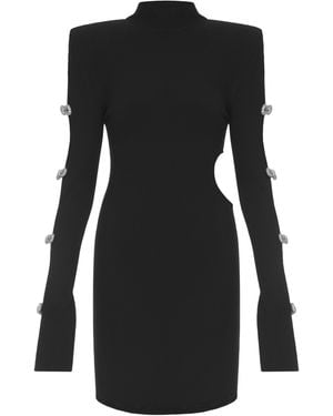 Mach & Mach Crystal-embellished Cutout Ribbed-knit Mini Dress - Black
