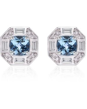 B.P. de Silva Jewellers Deco Darling 18k White Gold Aquamarine, Diamond Stud Earrings - Blue