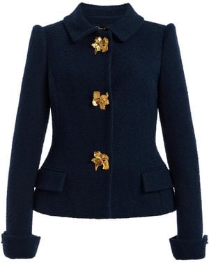 Oscar de la Renta Flower-Button Tweed Jacket - Blue