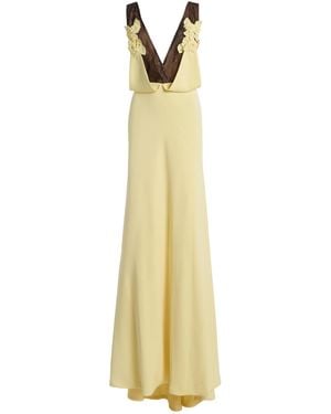 Costarellos Janessa Crepe Lace Plunge Neck Gown - Metallic