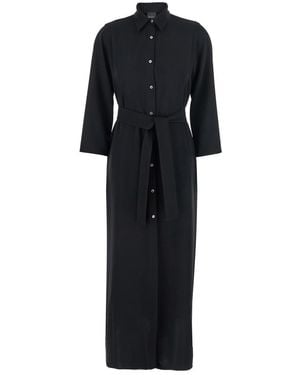 Plain Long Dress With Classic Collar And Front Button Closure - Black
