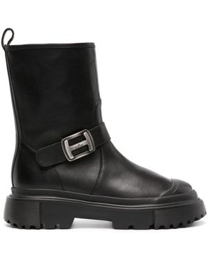 Hogan H619 Leather Biker Boots - Black