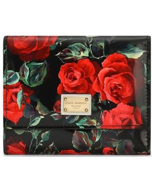 Dolce & Gabbana Polished Calfskin Rose Print Trifold Wallet Accessories - Red