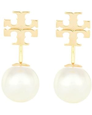 Tory Burch Metallic Earings With Double T Motif And Pearls - White