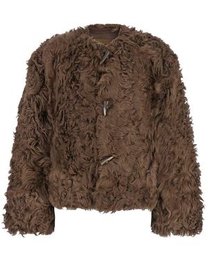 Plain Collarless Lamb Fur Jacket - Brown