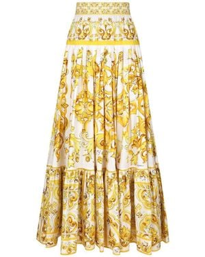 Dolce & Gabbana Long Tiered Cotton Skirt With Majolica Print - Yellow