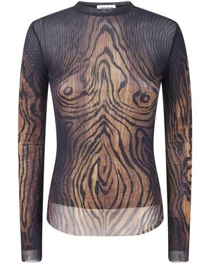 Jean Paul Gaultier Mesh Long Sleeves Top Printed "Wood" - Blue